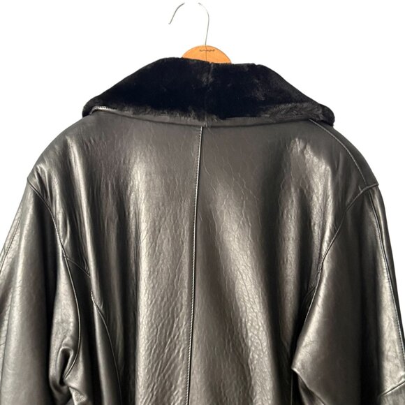 Vintage Laura Winston Size 16 Black Leather Trench Coat Faux Fur Trim EUC 90's - Picture 10 of 16